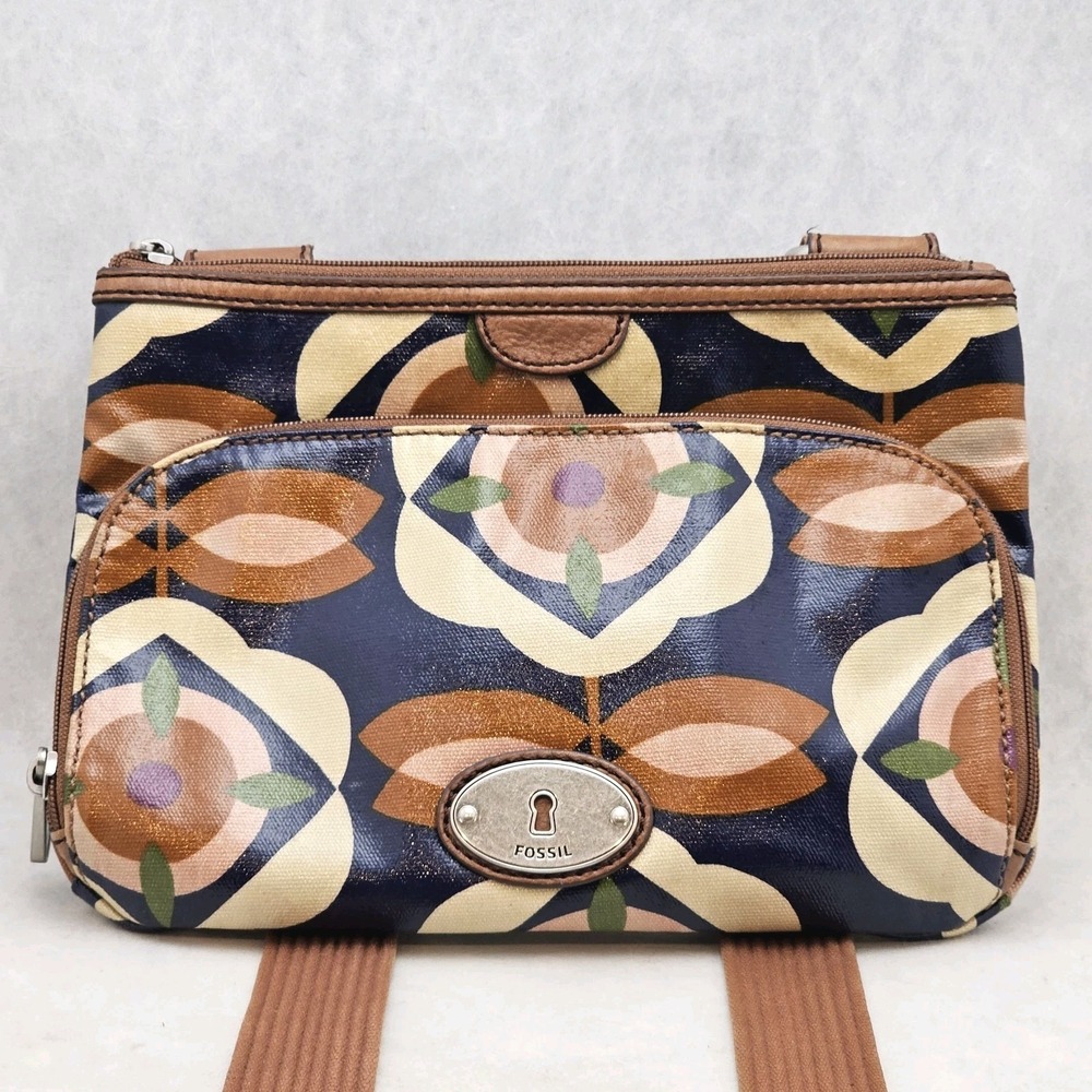 Key-Per Fossil Coated Canvas Crossbody Bag Floral Logo Lock Key Purse - Picture 1 of 8